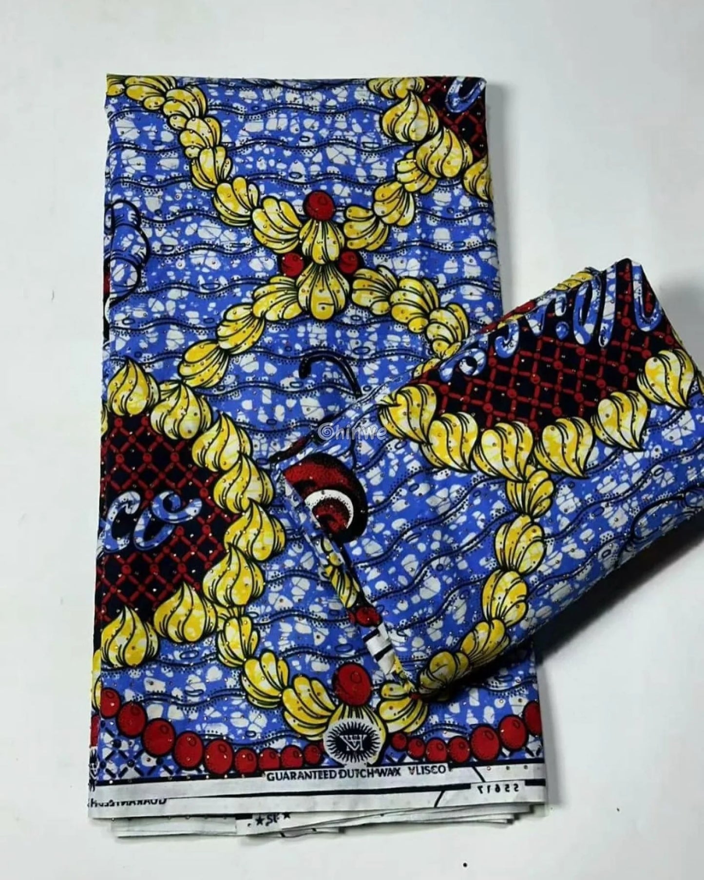 Cherry Garland & Ruffled Bloom Motif on Ocean Blue Batik with Red Beads and Yellow Petal Accents Cherry Bloom and