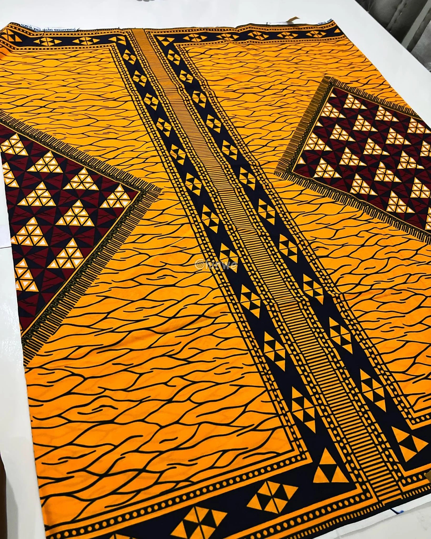 Black and Gold Ankara Wax Print Fabric with Wavy Line Field and Triangle Border Motif 6 yards cotton