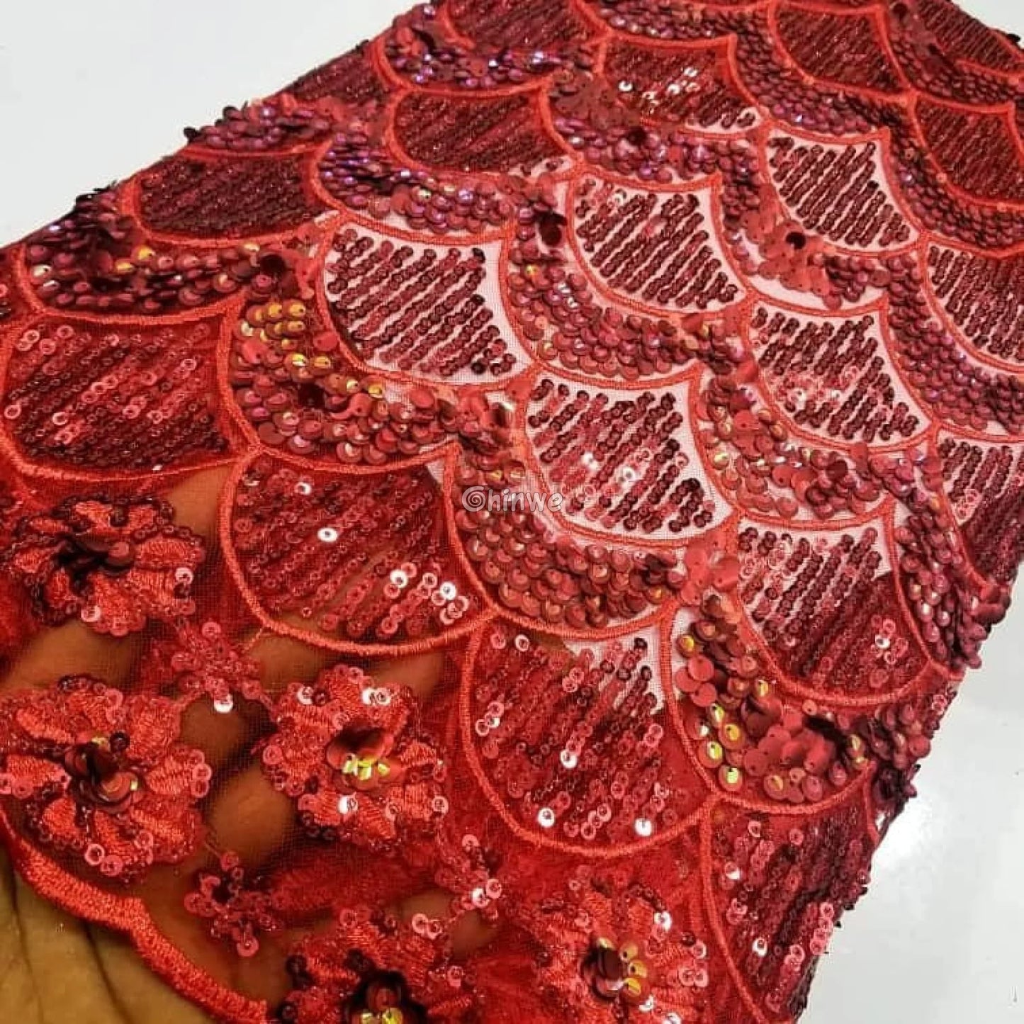 Scalloped-Arch Sequin Lace Print Fabric with Embroidered Floral Border and Sequined Sheen