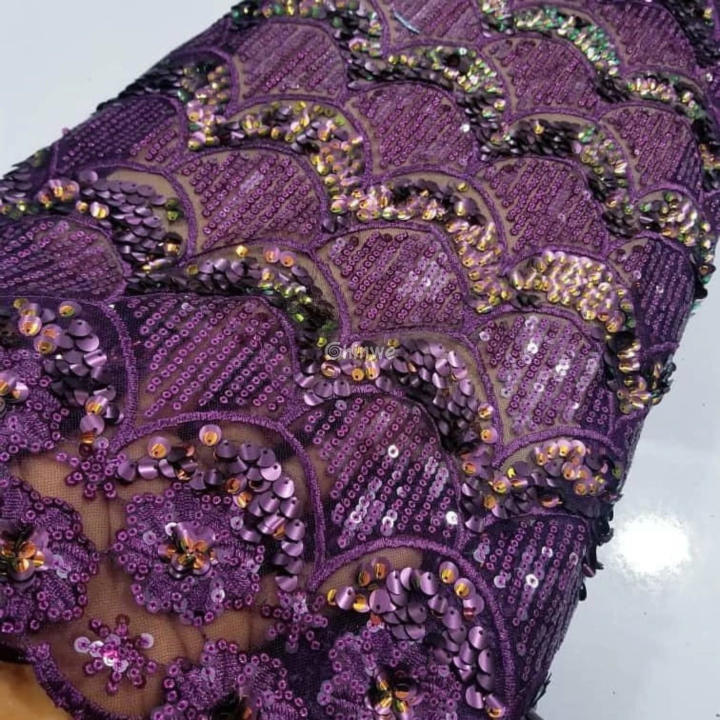 Scalloped-Arch Sequin Lace Print Fabric with Embroidered Floral Border and Sequined Sheen