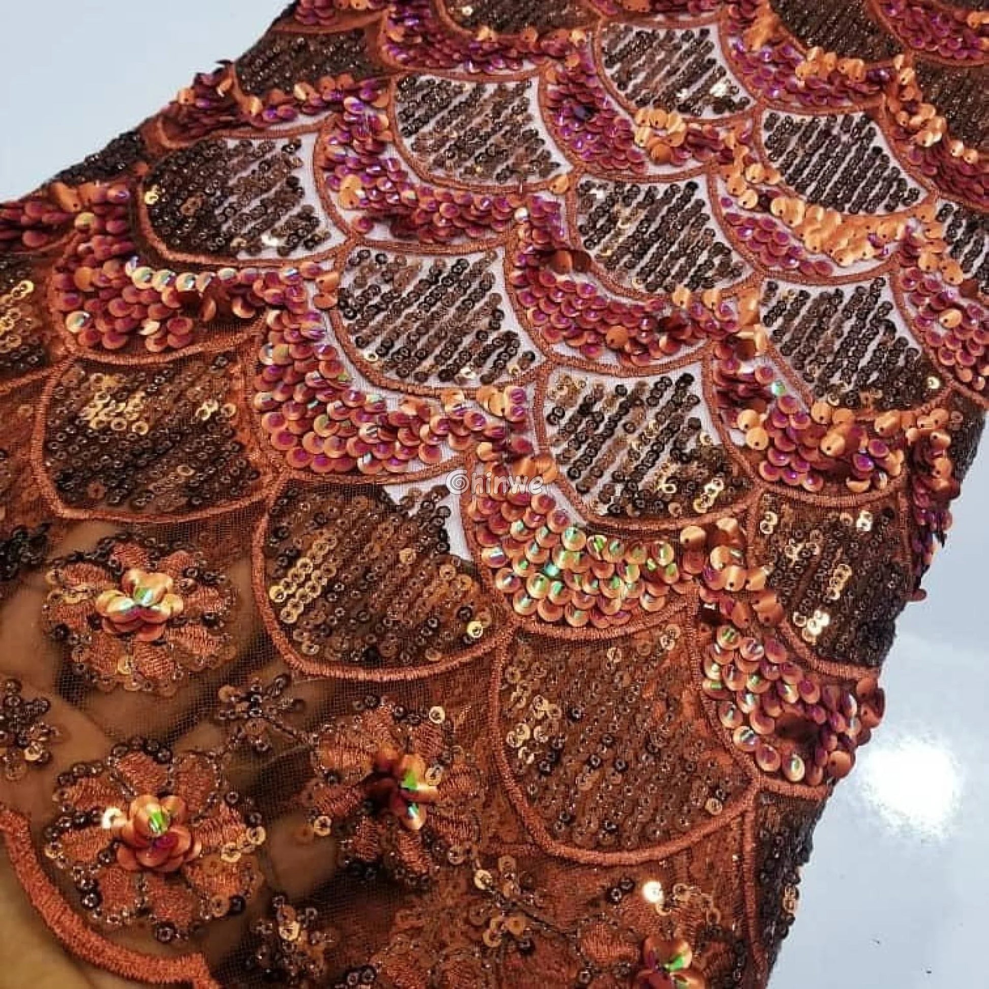 Scalloped-Arch Sequin Lace Print Fabric with Embroidered Floral Border and Sequined Sheen