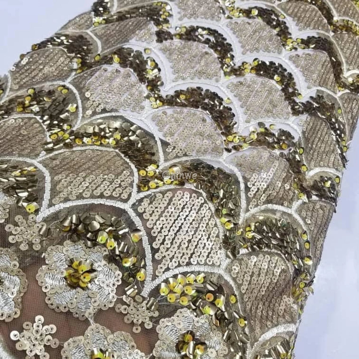 Scalloped-Arch Sequin Lace Print Fabric with Embroidered Floral Border and Sequined Sheen