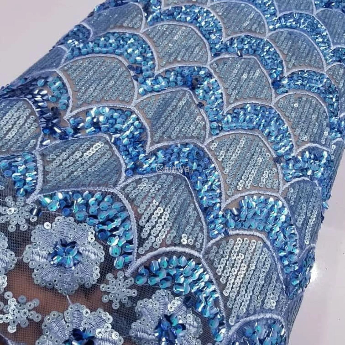 Scalloped-Arch Sequin Lace Print Fabric with Embroidered Floral Border and Sequined Sheen