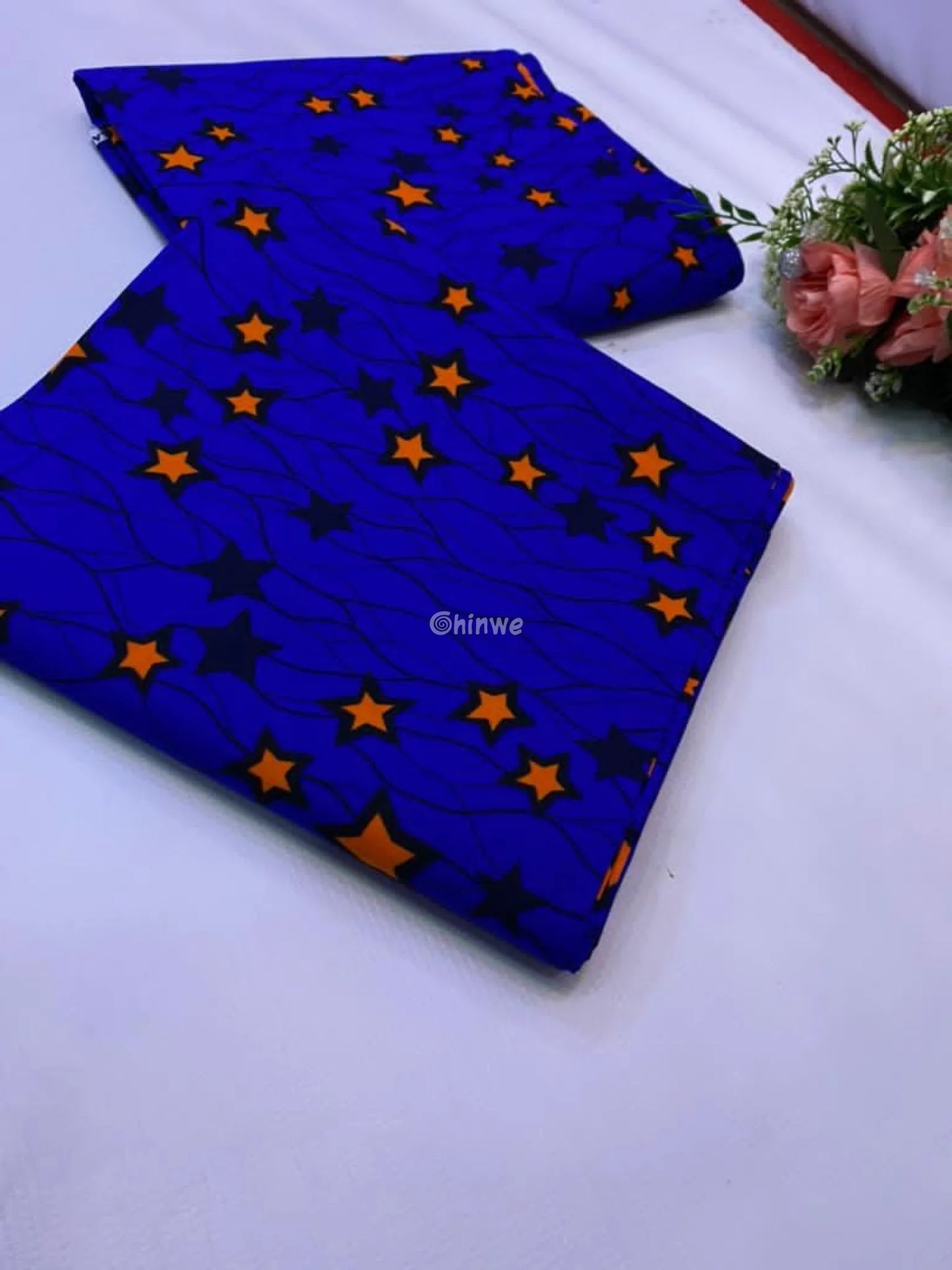 Midnight Blue Starburst Fabric – Orange and Navy Star Pattern Wax Print 6 Yards African Wax Print Fabric