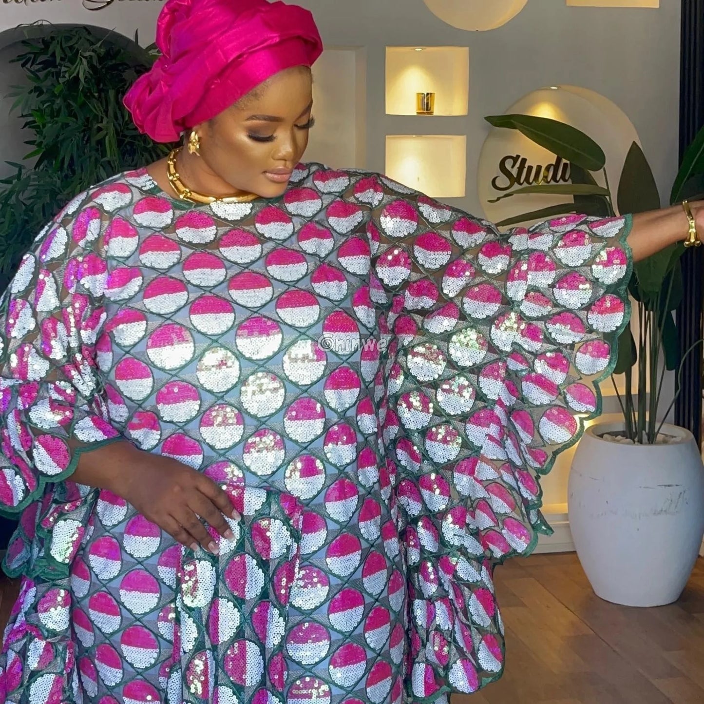 Embroidered Sequined Rose Pink & Champagne Circle Lattice Mesh Print Fabric Lace