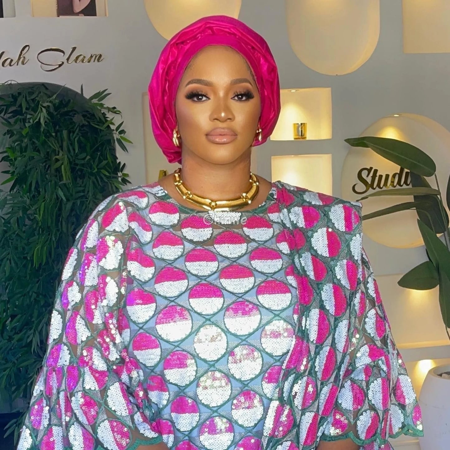 Embroidered Sequined Rose Pink & Champagne Circle Lattice Mesh Print Fabric Lace