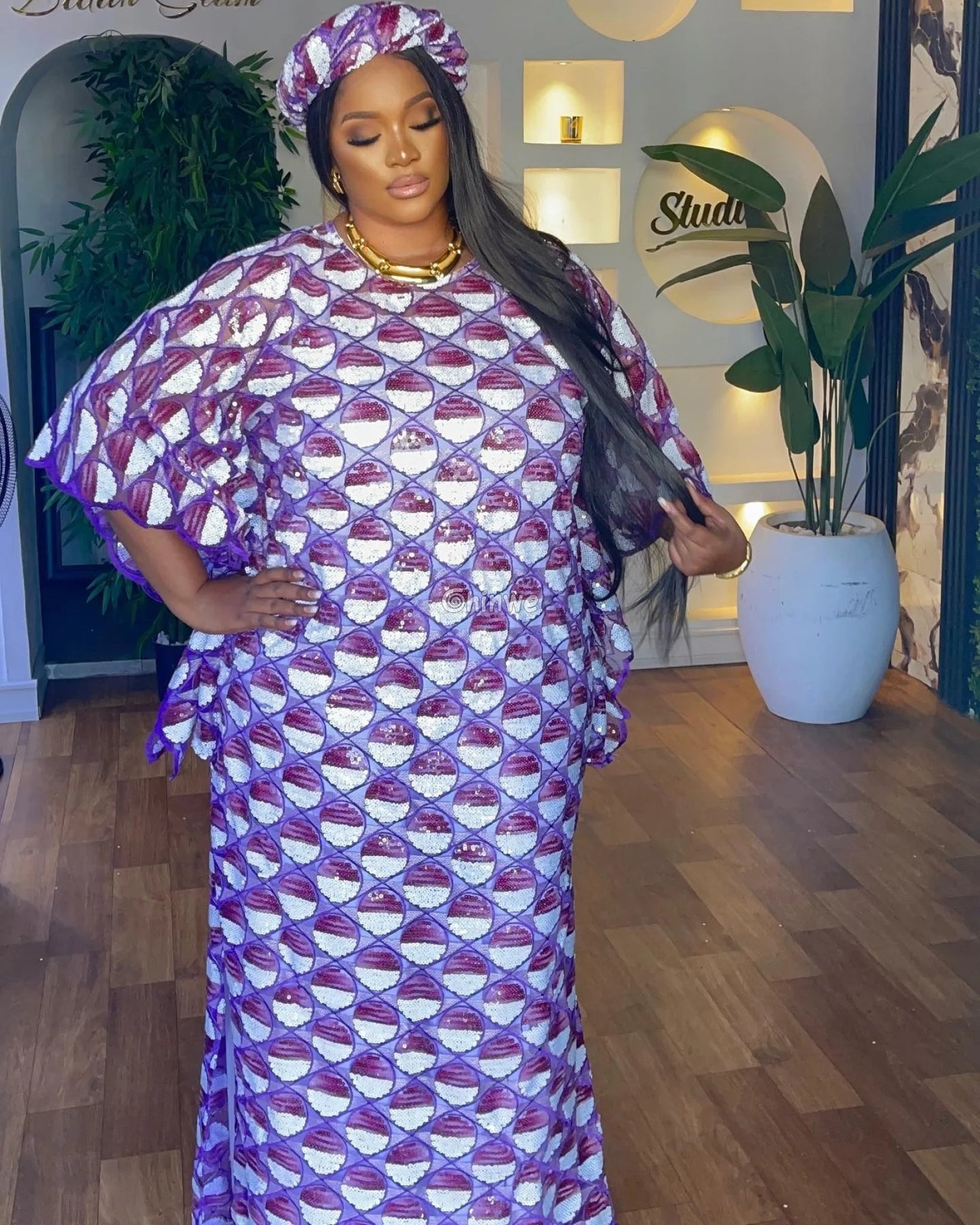 Embroidered Sequined Rose Pink & Champagne Circle Lattice Mesh Print Fabric Lace