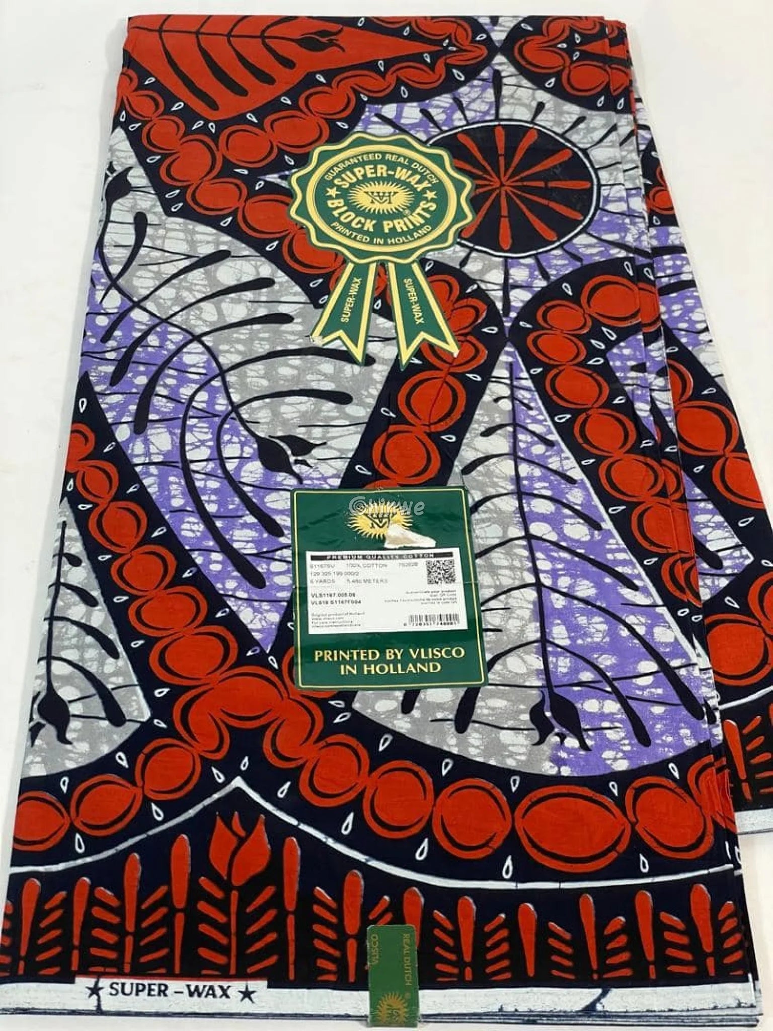 Fiery Orange Triangle Bloom with Gray Leaf Panels and Navy Botanical Borders on Wax Cotton Orange Border Triangle Bloom