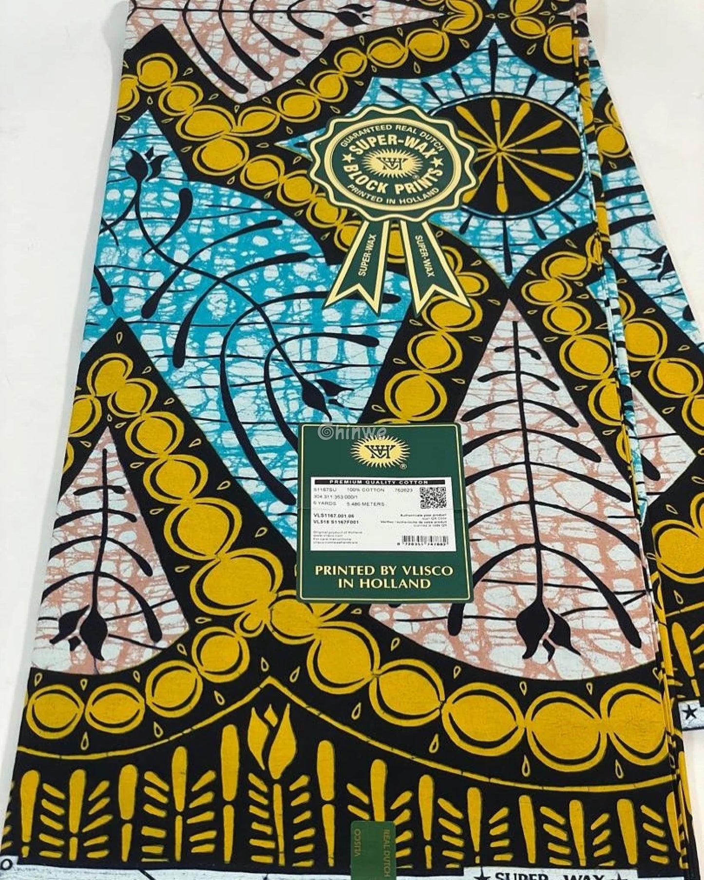 Golden Teardrop Medallion Print with Sky Blue Spirals and Coral Center Framed Botanical Border Golden Arch Motif with