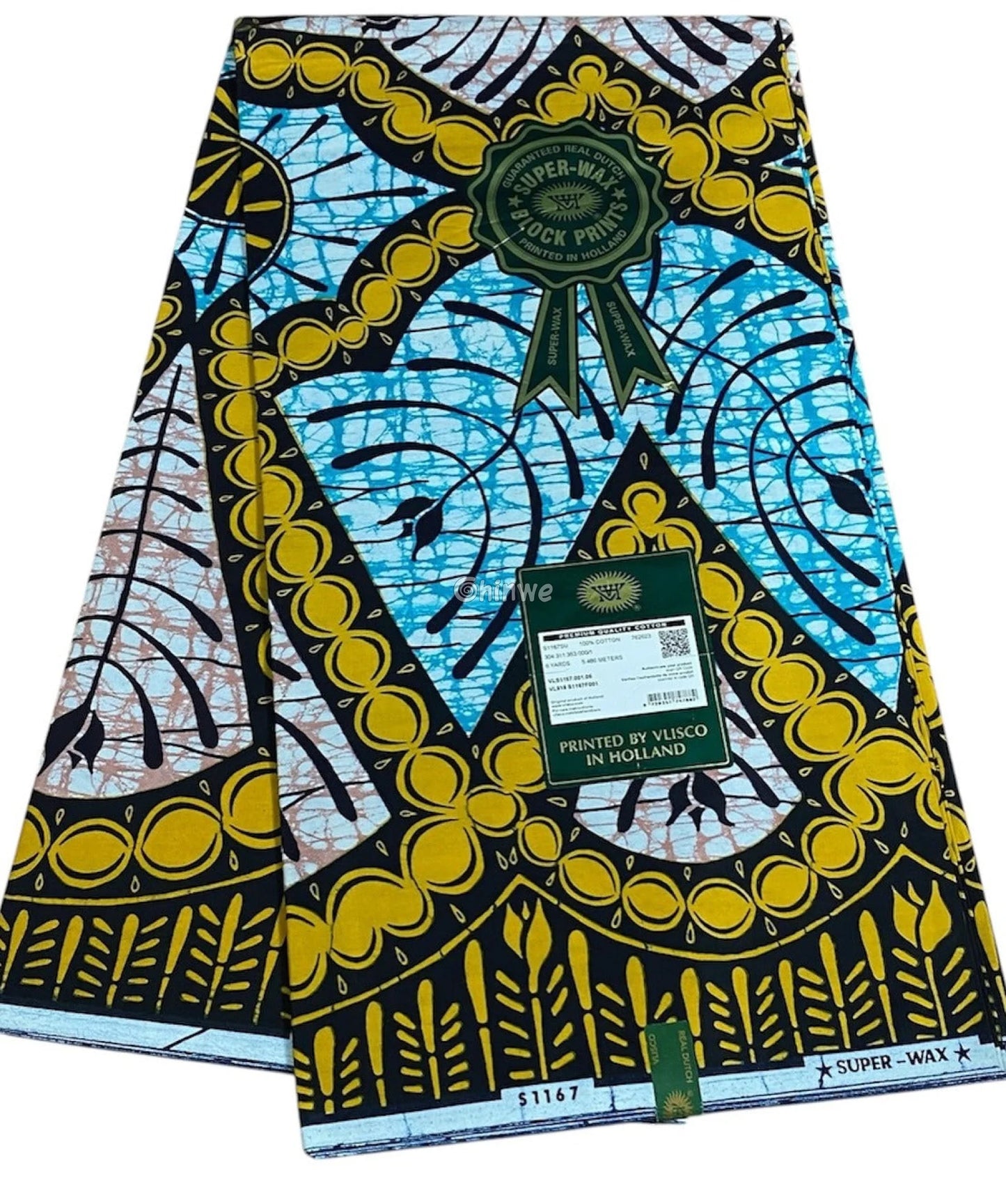 Golden Teardrop Medallion Print with Sky Blue Spirals and Coral Center Framed Botanical Border Golden Arch Motif with