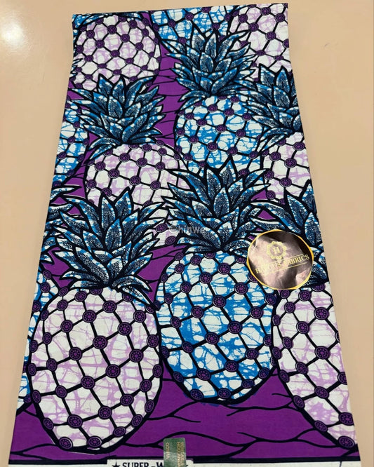 African Wax Print with Blue Pineapples and Sapphire Leaves on Purple Ground Circular Batik Detailing Royal Purple