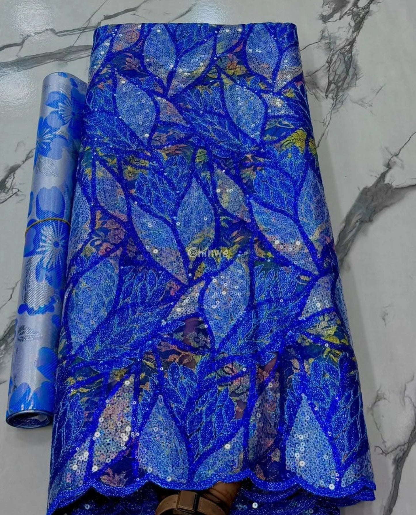 Sheer Mesh Sequin Lace with Leaf Motif Print & Metallic Embellishment Fabric Lace