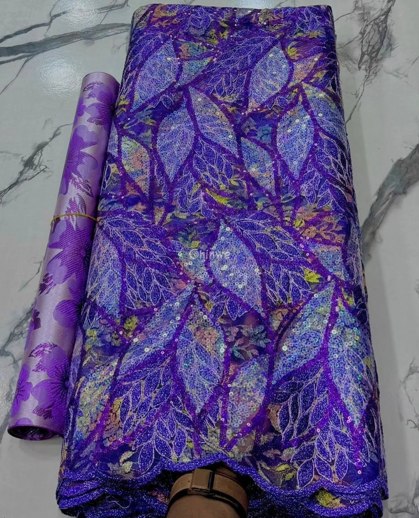 Sheer Mesh Sequin Lace with Leaf Motif Print & Metallic Embellishment Fabric Lace