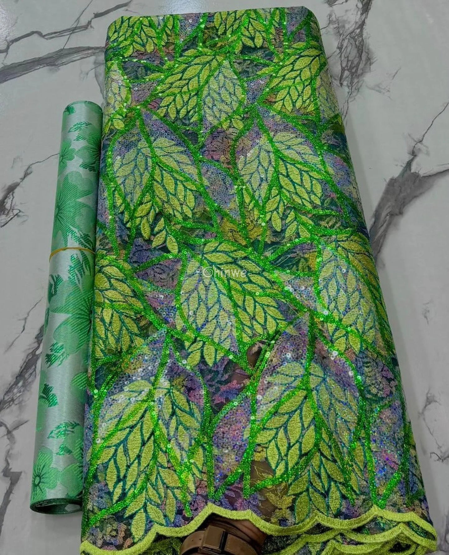 Sheer Mesh Sequin Lace with Leaf Motif Print & Metallic Embellishment Fabric Lace