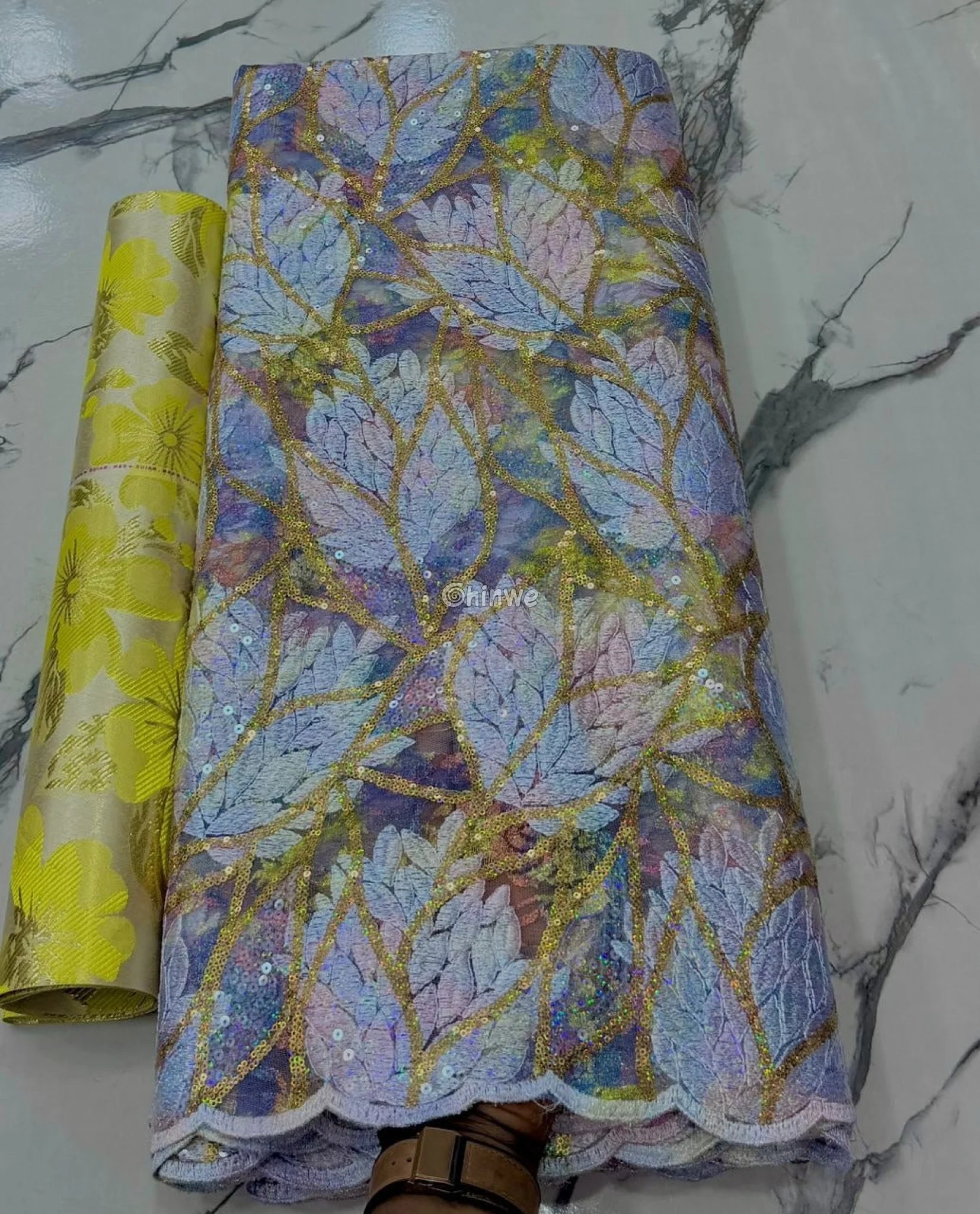 Sheer Mesh Sequin Lace with Leaf Motif Print & Metallic Embellishment Fabric Lace