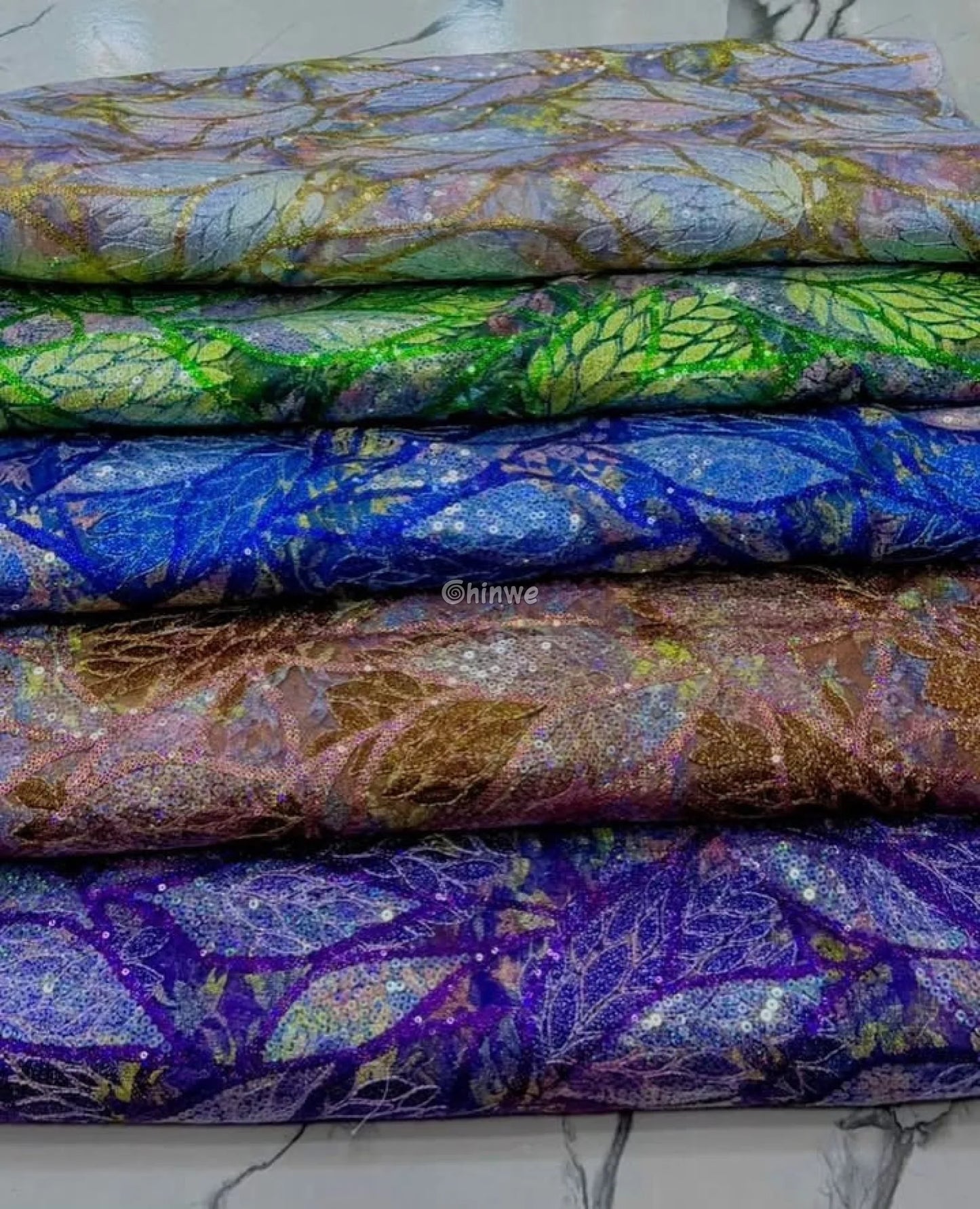 Sheer Mesh Sequin Lace with Leaf Motif Print & Metallic Embellishment Fabric Lace