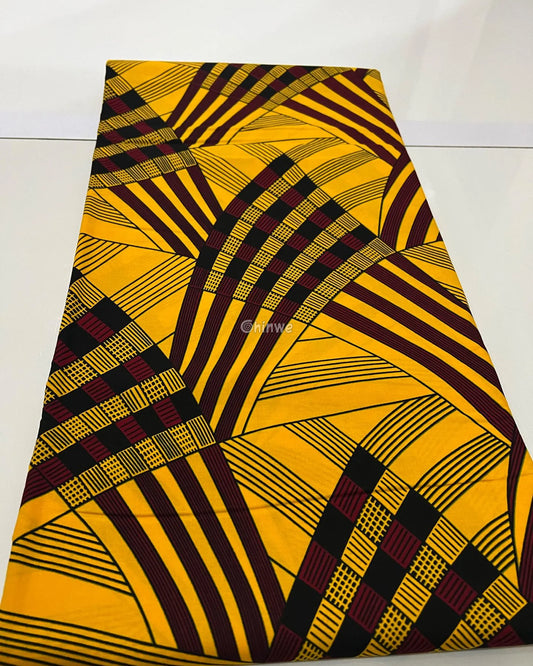 Mustard Yellow & Burgundy Abstract Geometric Stripe Ankara Wax Print Fabric with Checker Motif 6 yards cotton