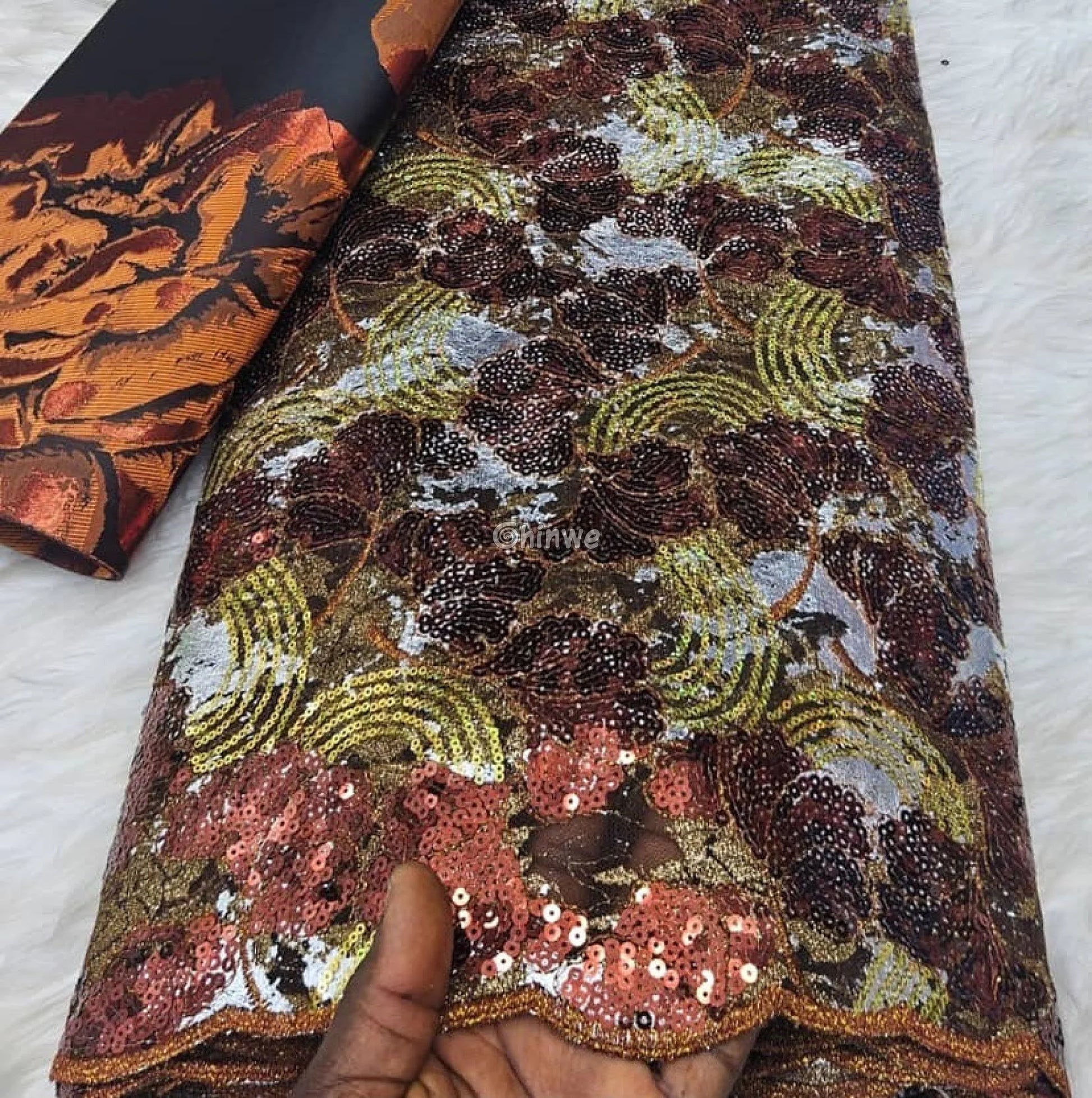 Sheer Sequin Lace Fabric with Swirling Motif and Scalloped Edge Embellished with Metallic Sequins