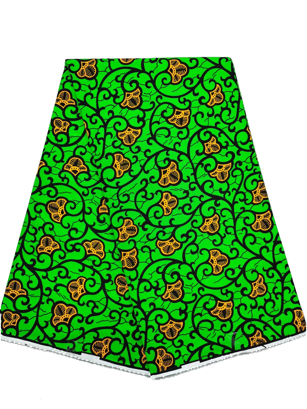 Lime Green & Orange Blossom Vine Ankara Real Wax Print – Black Scroll Vines fabric on a transparent background