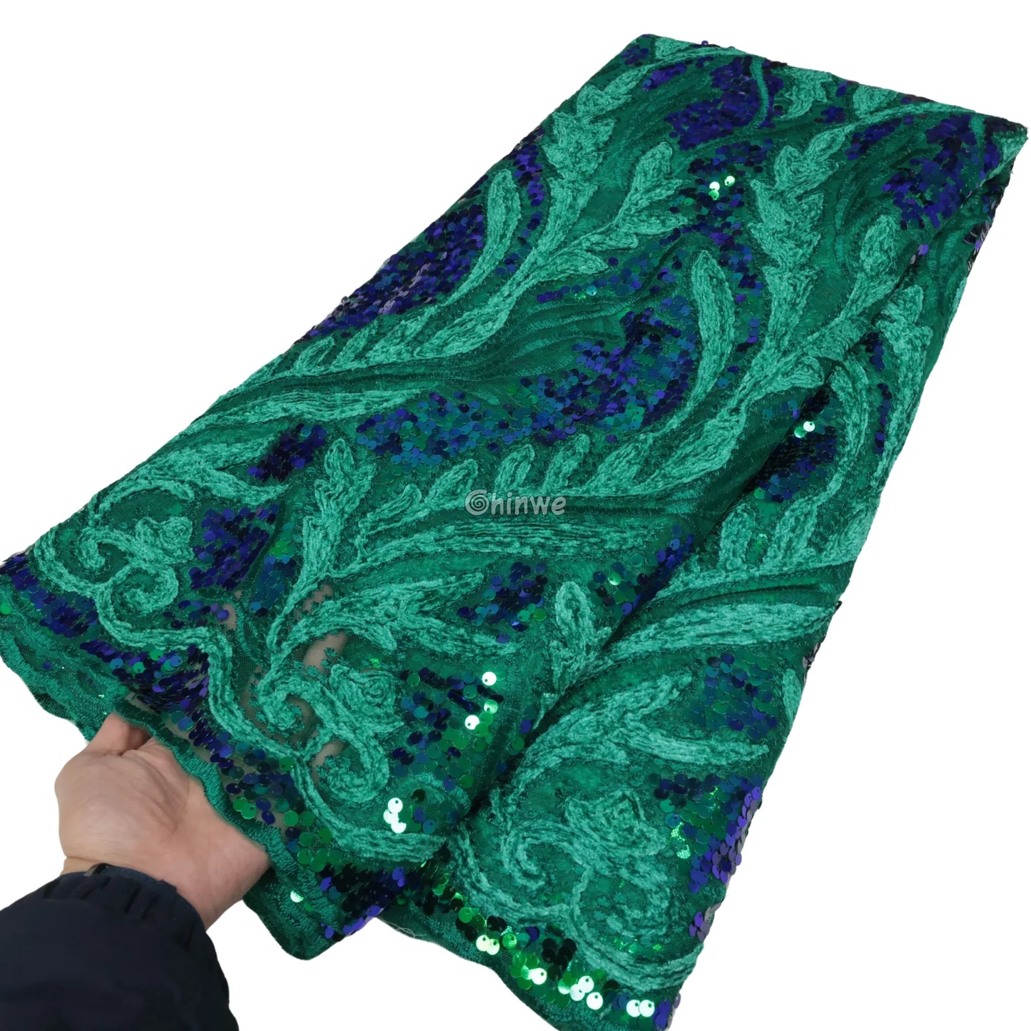 Sapphire Blue Champagne Gold & Emerald Green Swirl Appliqué Sequined Mesh Print Fabric Lace