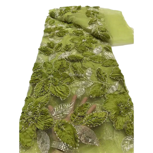 3D Floral Beaded Tulle Lace with Sequined Leaf Embroidery and Ruffled Petals on Mesh Base