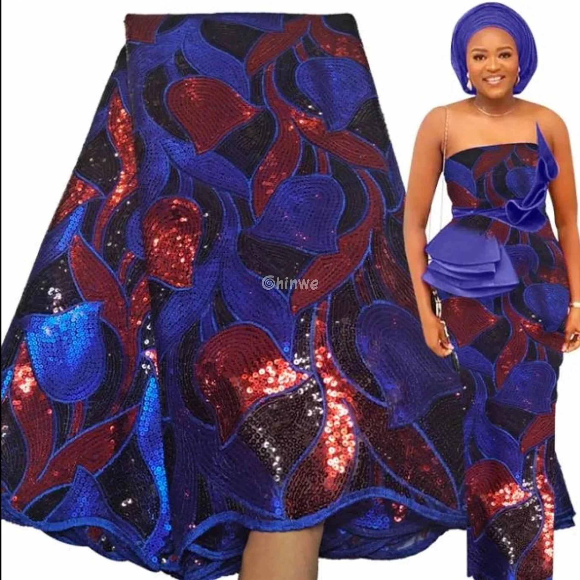 Sheer Mesh Tulip Petal Sequin Lace Print Fabric with Overlapping Curved Petal Appliqués Lace