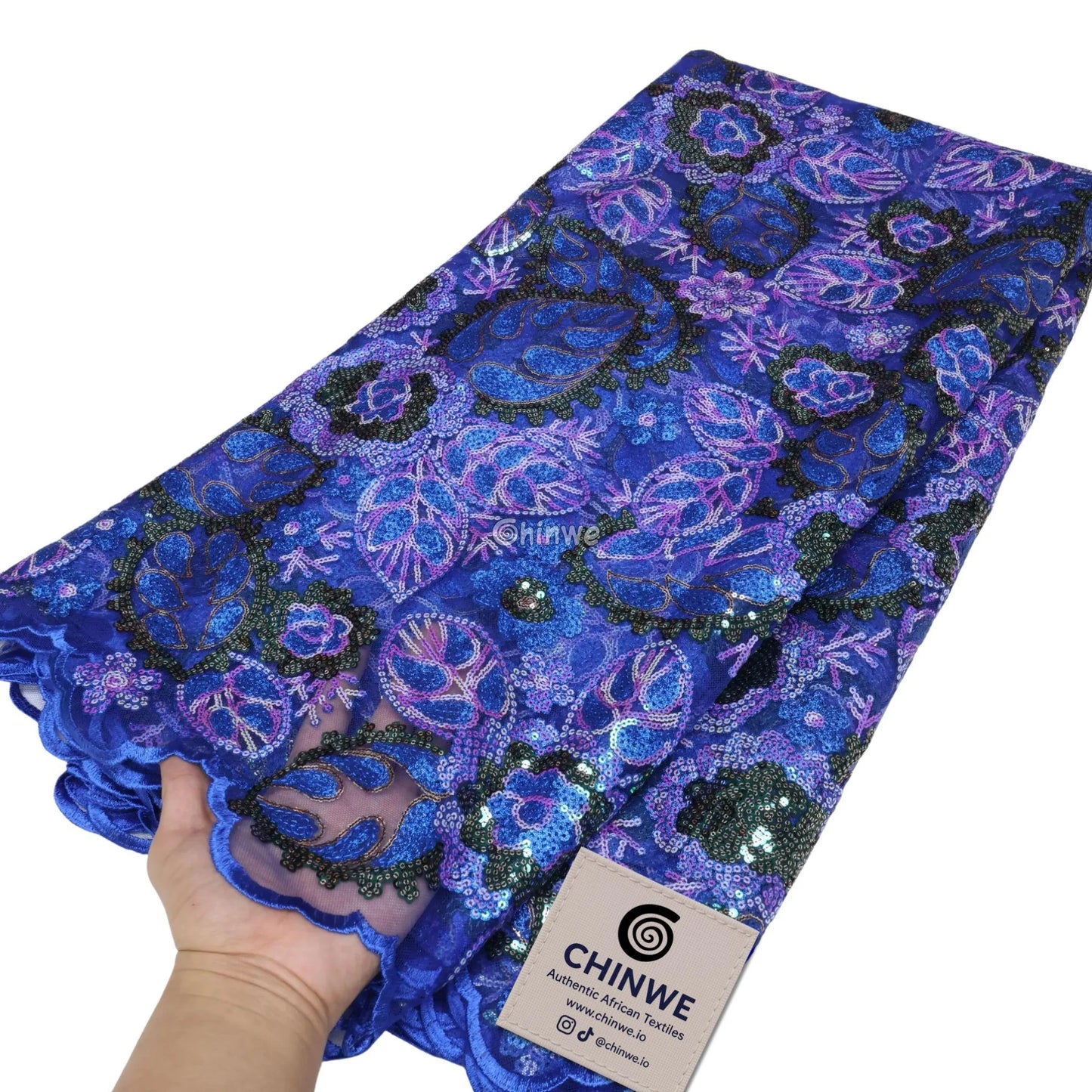 Sequined Leaf & Floral Motif Lace Print Fabric with Scalloped Edge