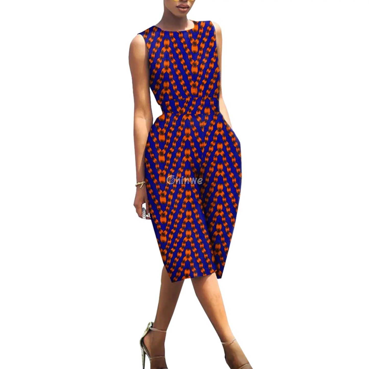 Relaxed Fit Sleeveless Wax Ankara Jumpsuit Twilight Series Plum Red Chevron Dot Print / Customized Women’s Clothing