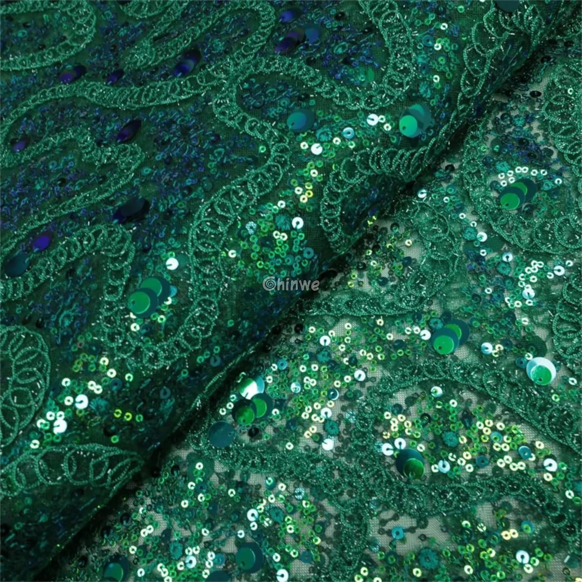 Sequin‐Embroidered Paisley Lace Fabric with Raised Floral Appliqué and Scalloped Border Lace