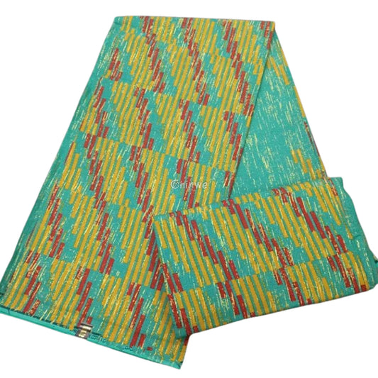 Teal Yellow & Red Kente Brocade with Vertical Stripe Motif and Light Metallic Detailing Sunbeam Teal Kente / 6yards