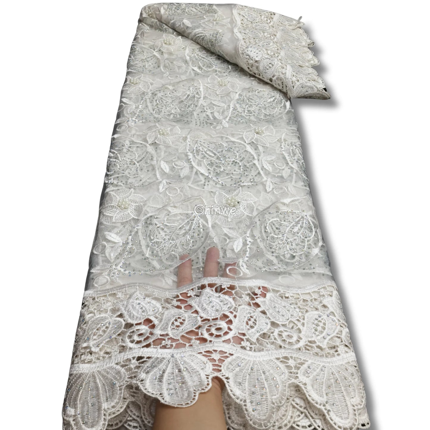 Two-Tone Leaf Motif Sequined Lace Fabric on Sheer Mesh Base with Pearlescent Beaded Details Lace