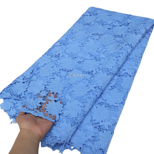 Guipure Lace Floral Appliqué Scalloped Edge with Sequined Accents & Sheer Mesh Ground Robin’s Egg Blue / 5 Yards