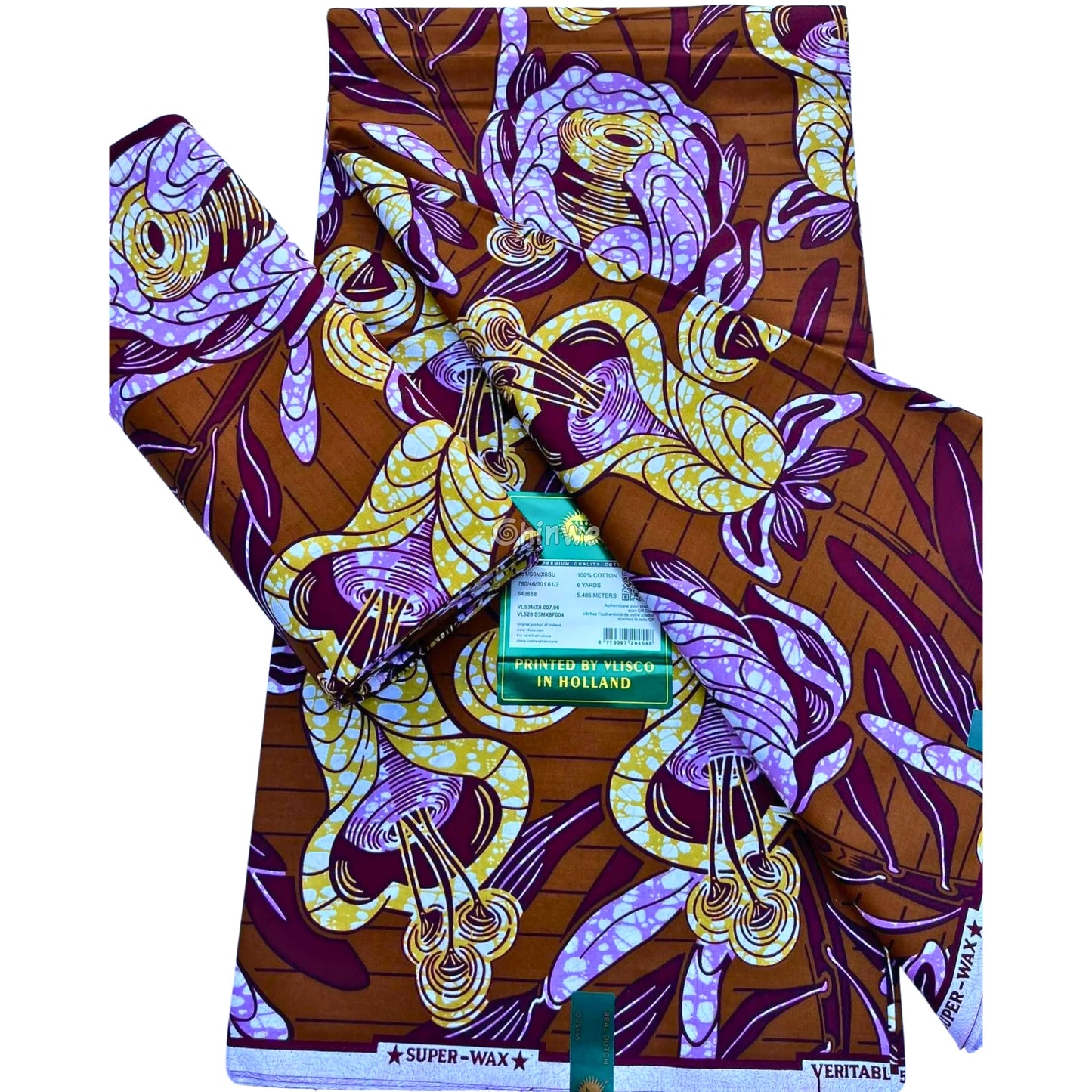 Burnt Sienna Botanical Print with Lilac Roses, Yellow Bell Flowers & Linear Background Pattern