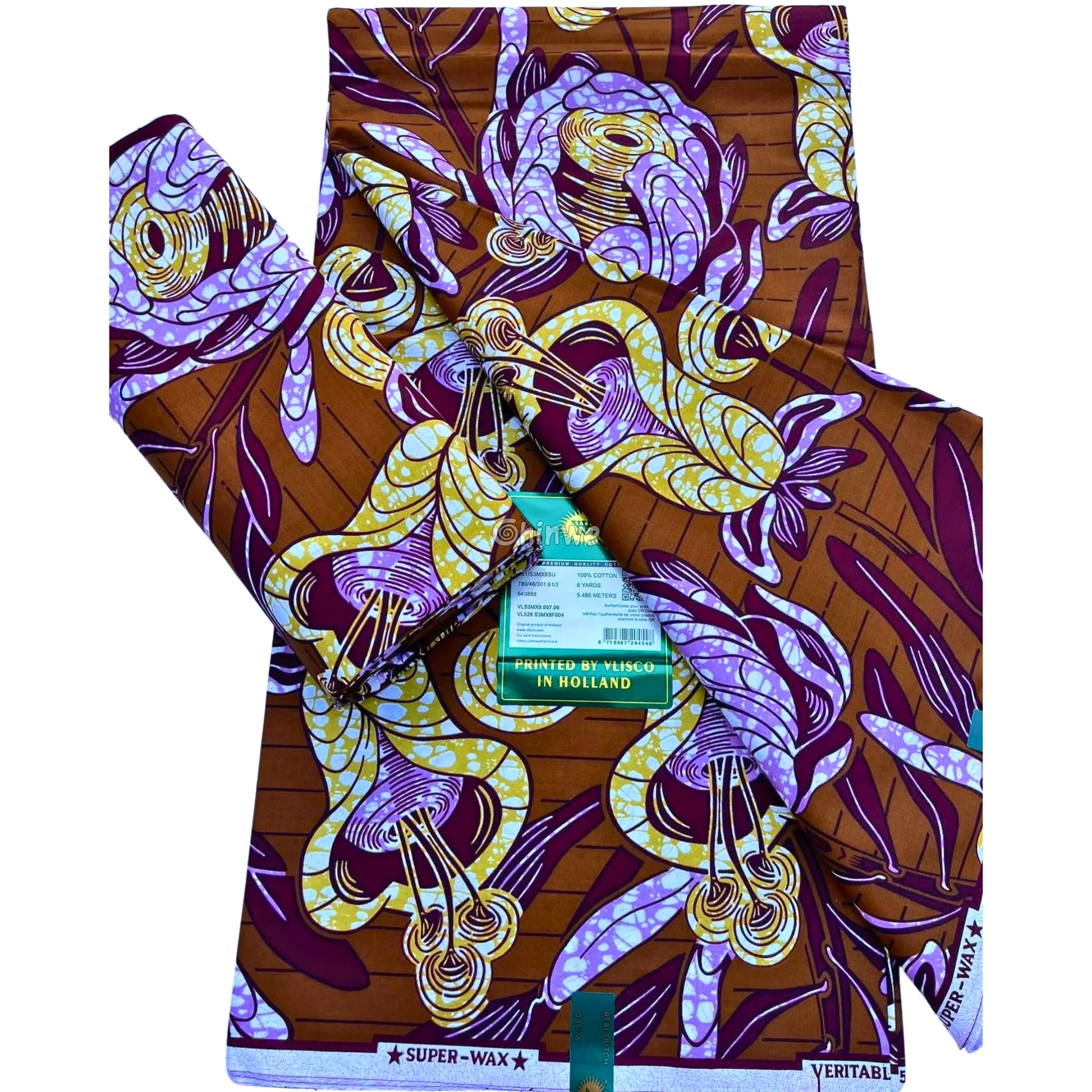 Burnt Sienna Botanical Print with Lilac Roses, Yellow Bell Flowers & Linear Background Pattern