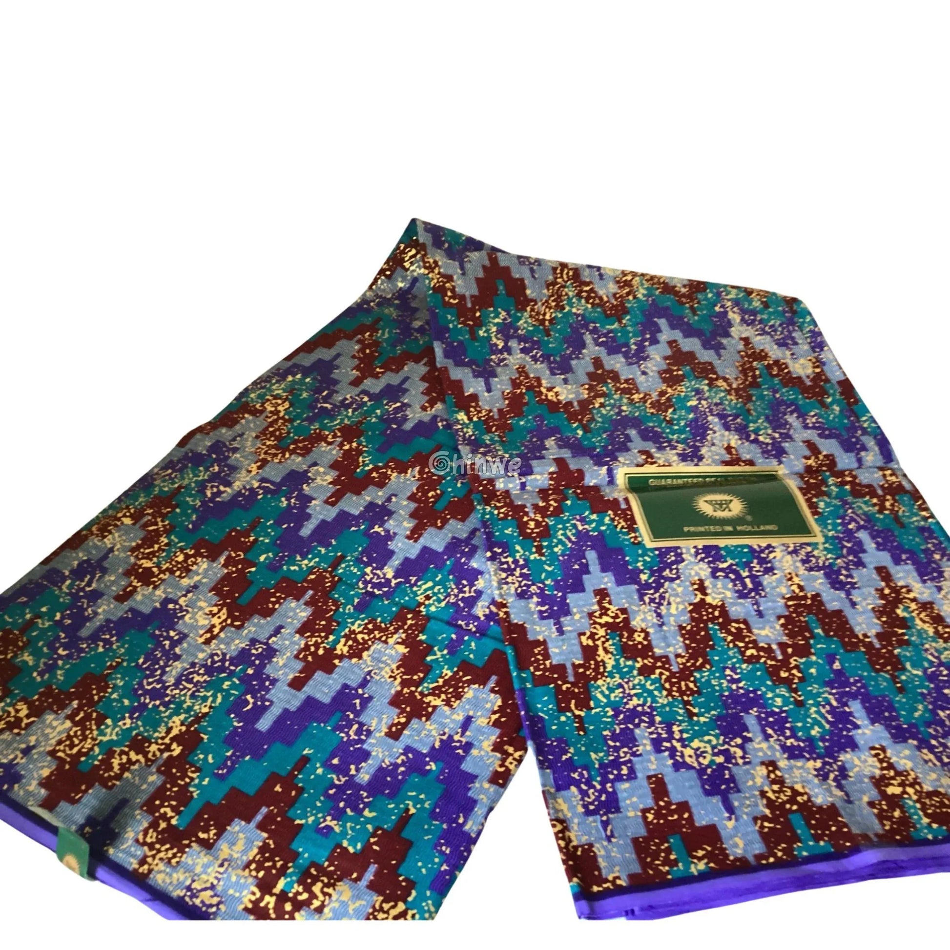 Blue, Teal & Burgundy Kente Brocade with Pixel Chevron Pattern and Gold Splatter Texture