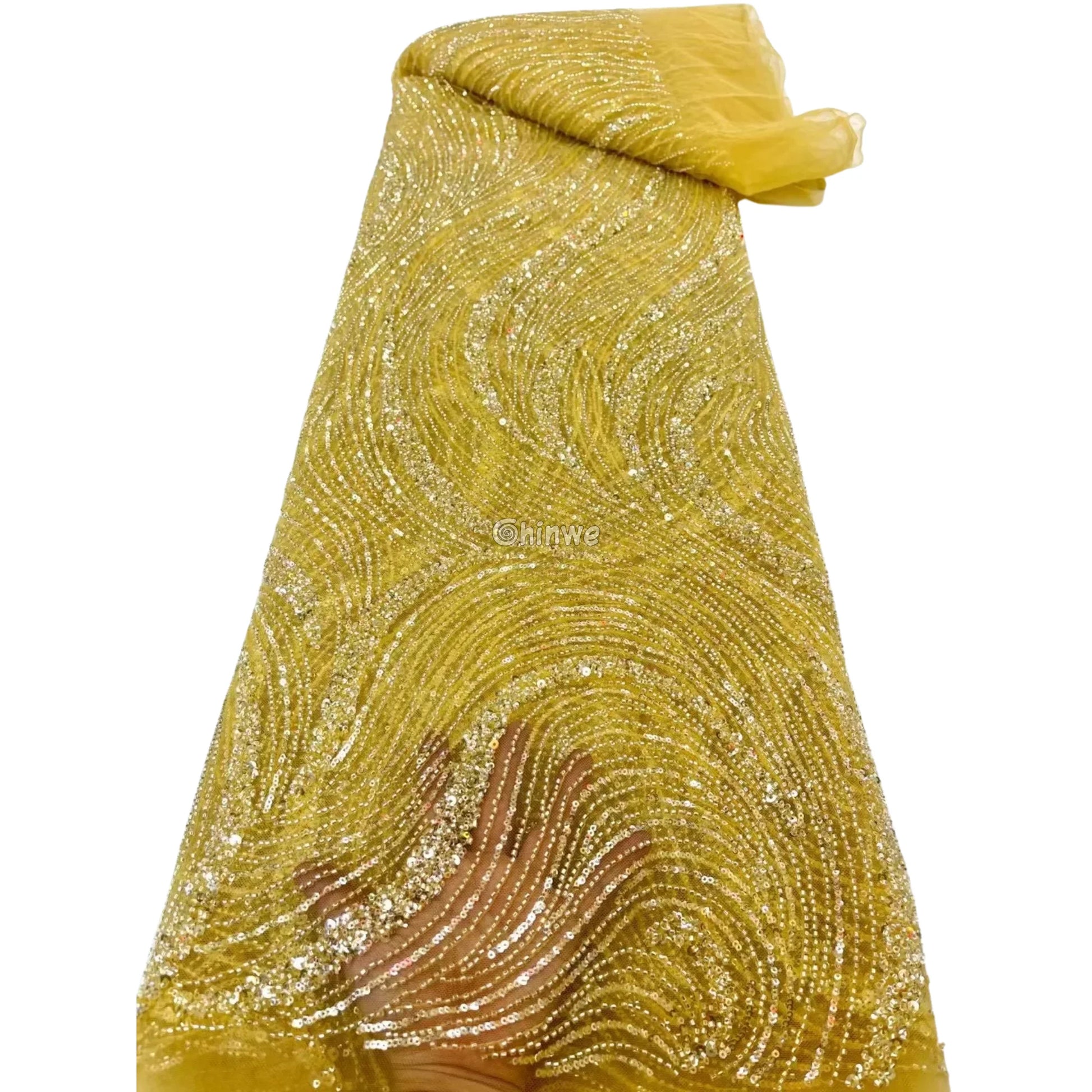 Sequined Swirl Embroidery on Sheer Mesh with Iridescent Highlights and Wave Pattern Detailing Golden Yellow / 5 Yards