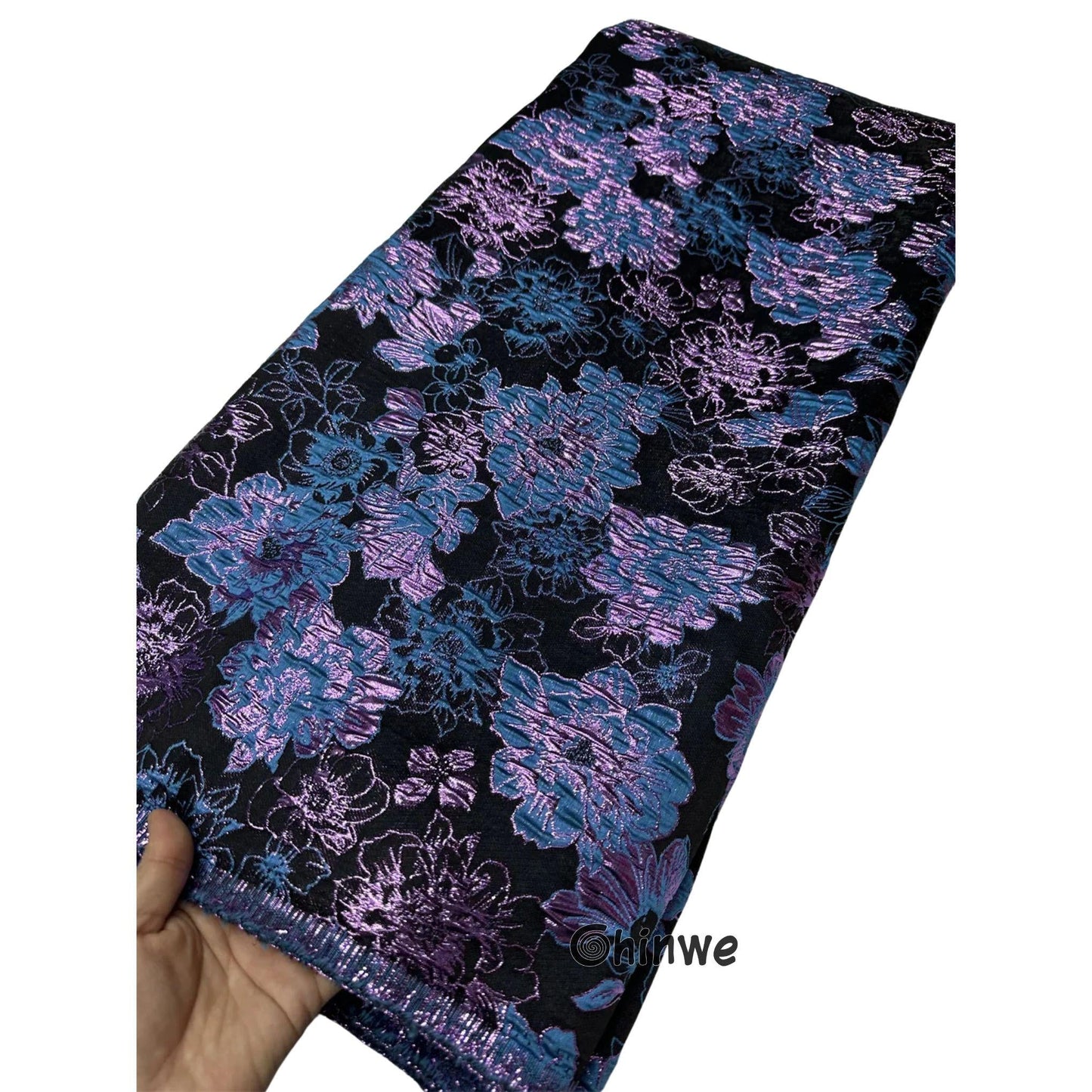 Metallic jacquard damask with raised floral pattern and gilded finish, embroidered on tulle base