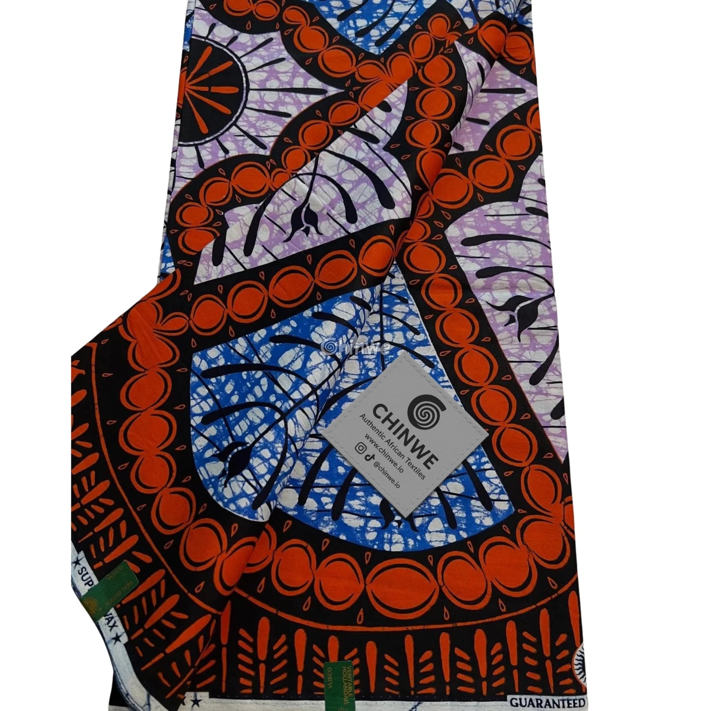 Fiery Orange Triangle Bloom with Gray Leaf Panels and Navy Botanical Borders on Wax Cotton