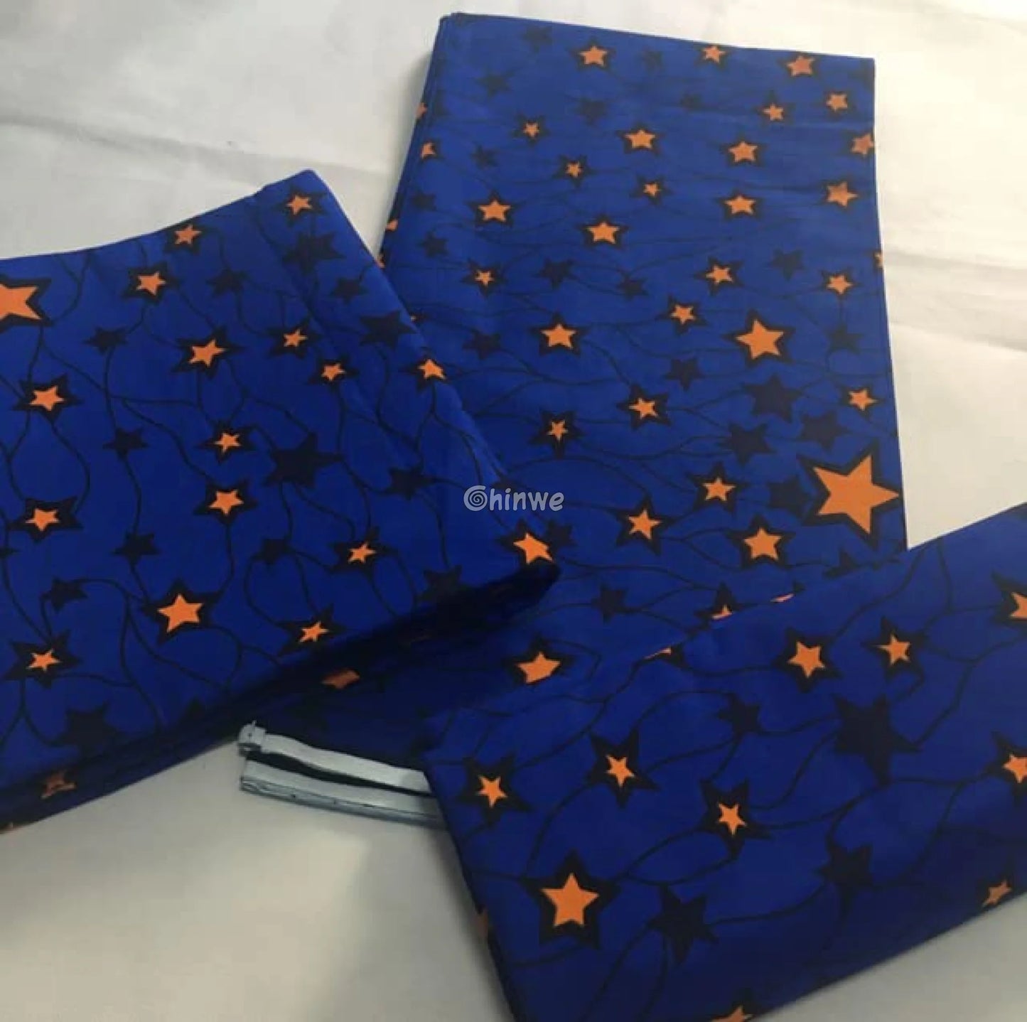 Midnight Blue Starburst Fabric – Orange and Navy Star Pattern Wax Print 6 Yards African Wax Print Fabric