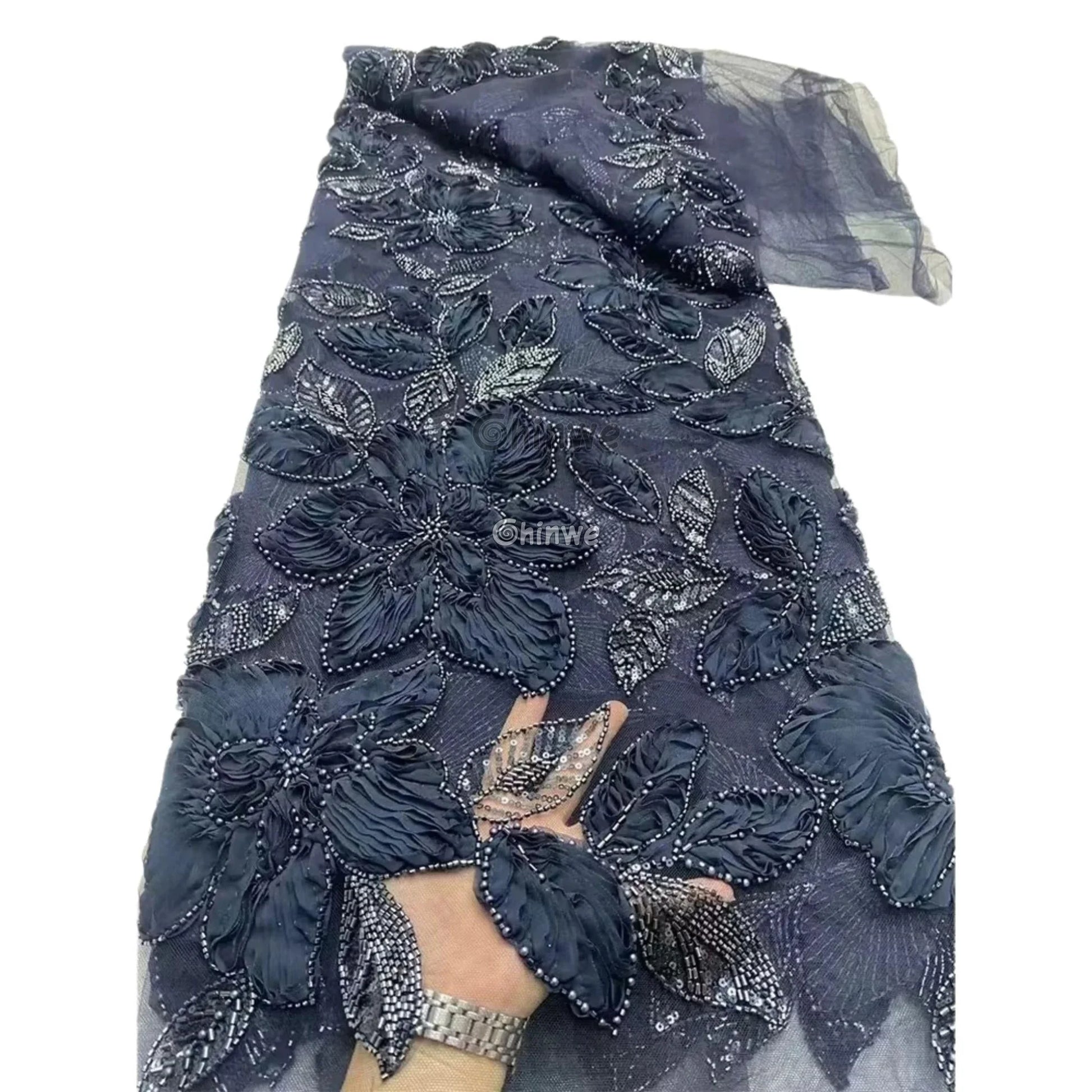 3D Floral Beaded Tulle Lace with Sequined Leaf Embroidery and Ruffled Petals on Mesh Base