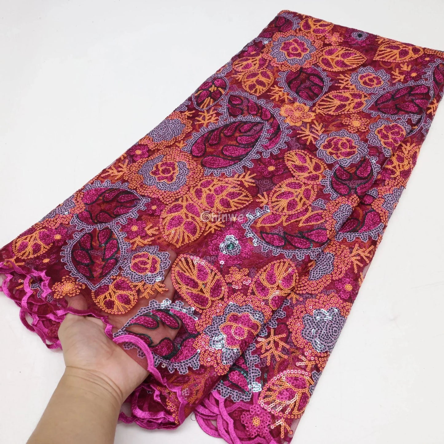 Sequined Leaf & Floral Motif Lace Print Fabric with Scalloped Edge