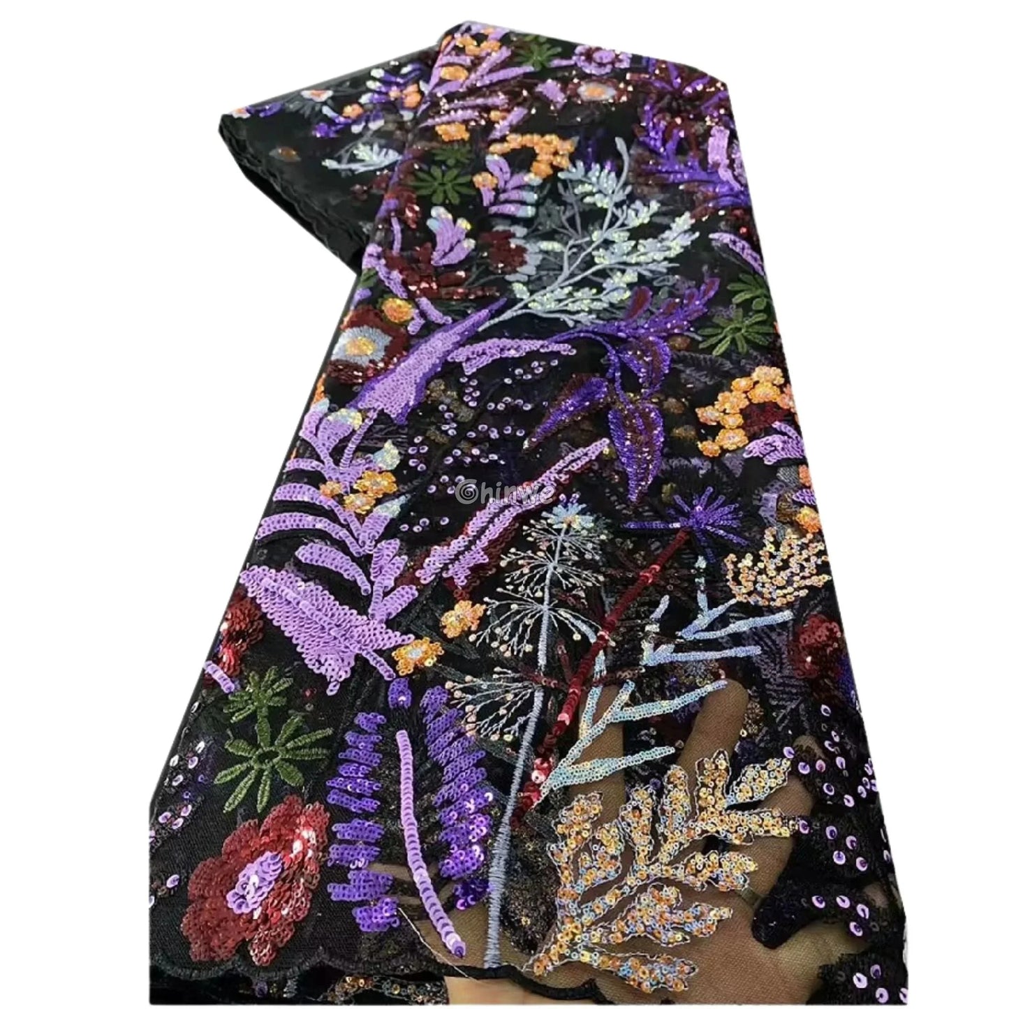 Black & Marigold Botanical Floral Vine Sequined Embroidered Scalloped-Edge Lace Fabric Lace