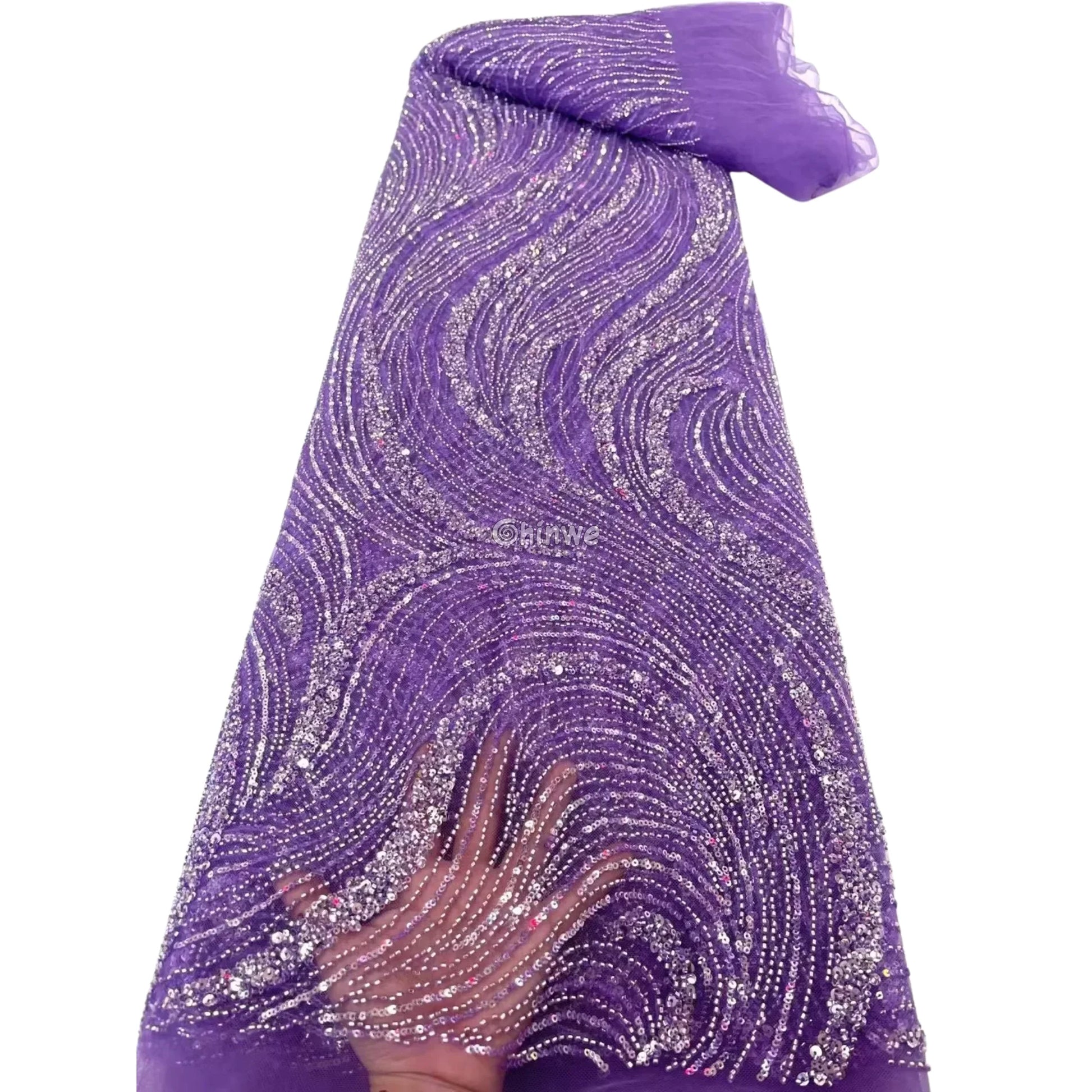 Sequined Swirl Embroidery on Sheer Mesh with Iridescent Highlights and Wave Pattern Detailing Royal Purple / 5 Yards