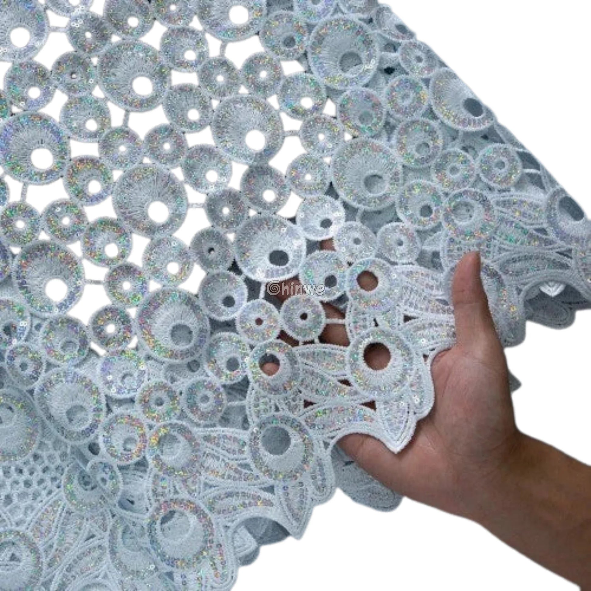 Vibrant Multi-Tone & Holographic Circular Sequins Print Guipure Cord Lace Fabric for Bridal & Couture Gowns Lace Fabric