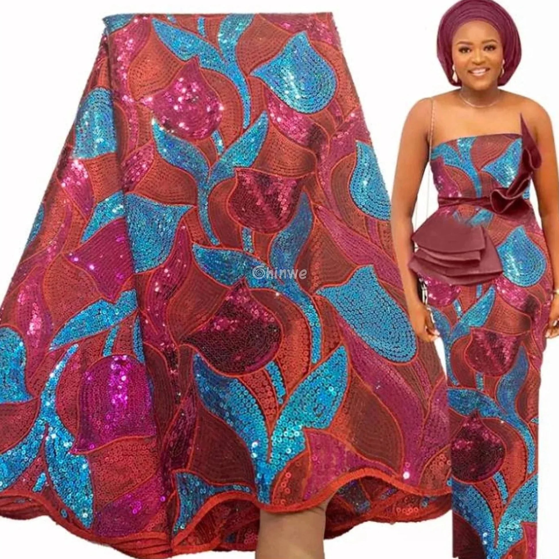 Sheer Mesh Tulip Petal Sequin Lace Print Fabric with Overlapping Curved Petal Appliqués Lace