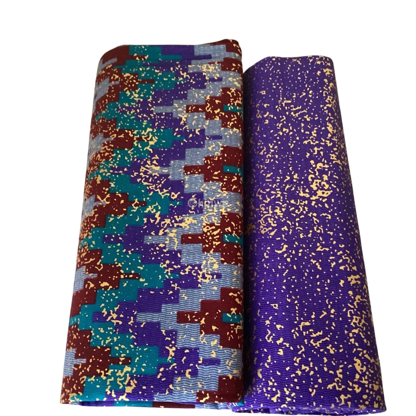 Blue, Teal & Burgundy Kente Brocade with Pixel Chevron Pattern and Gold Splatter Texture