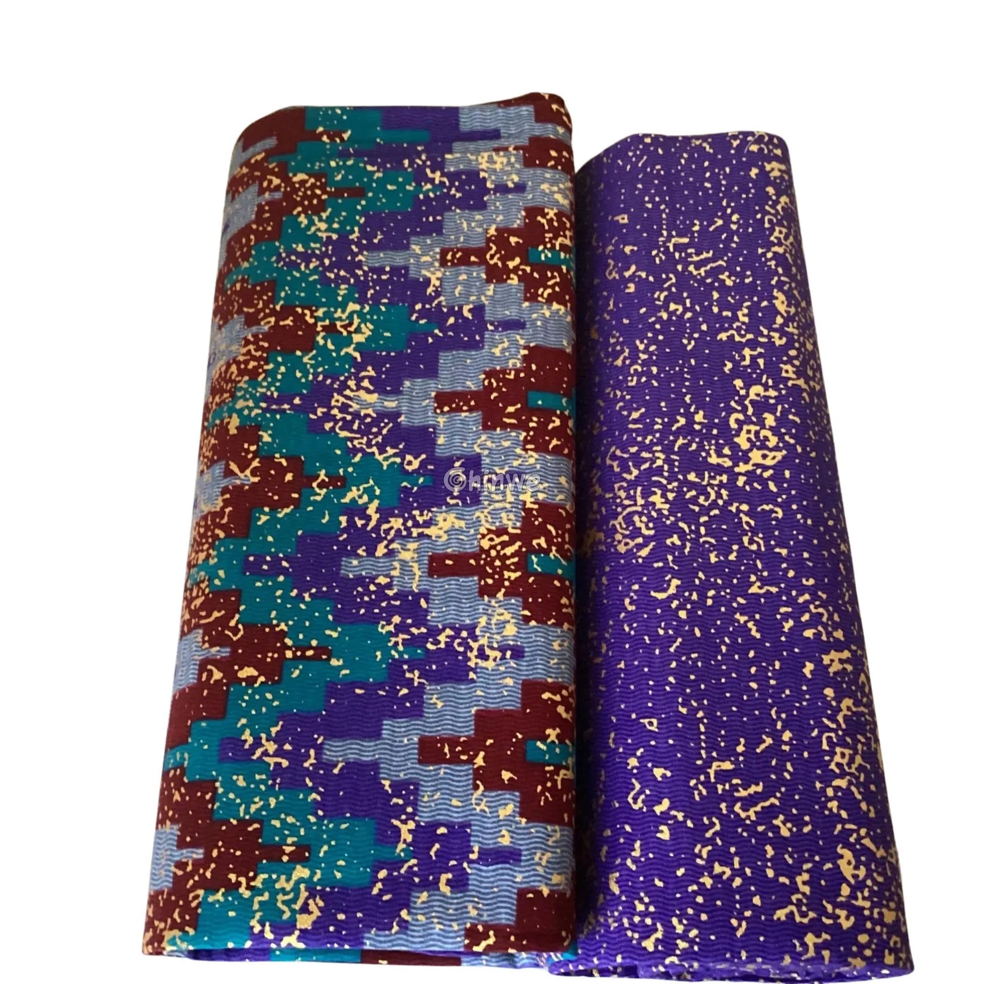 Blue, Teal & Burgundy Kente Brocade with Pixel Chevron Pattern and Gold Splatter Texture