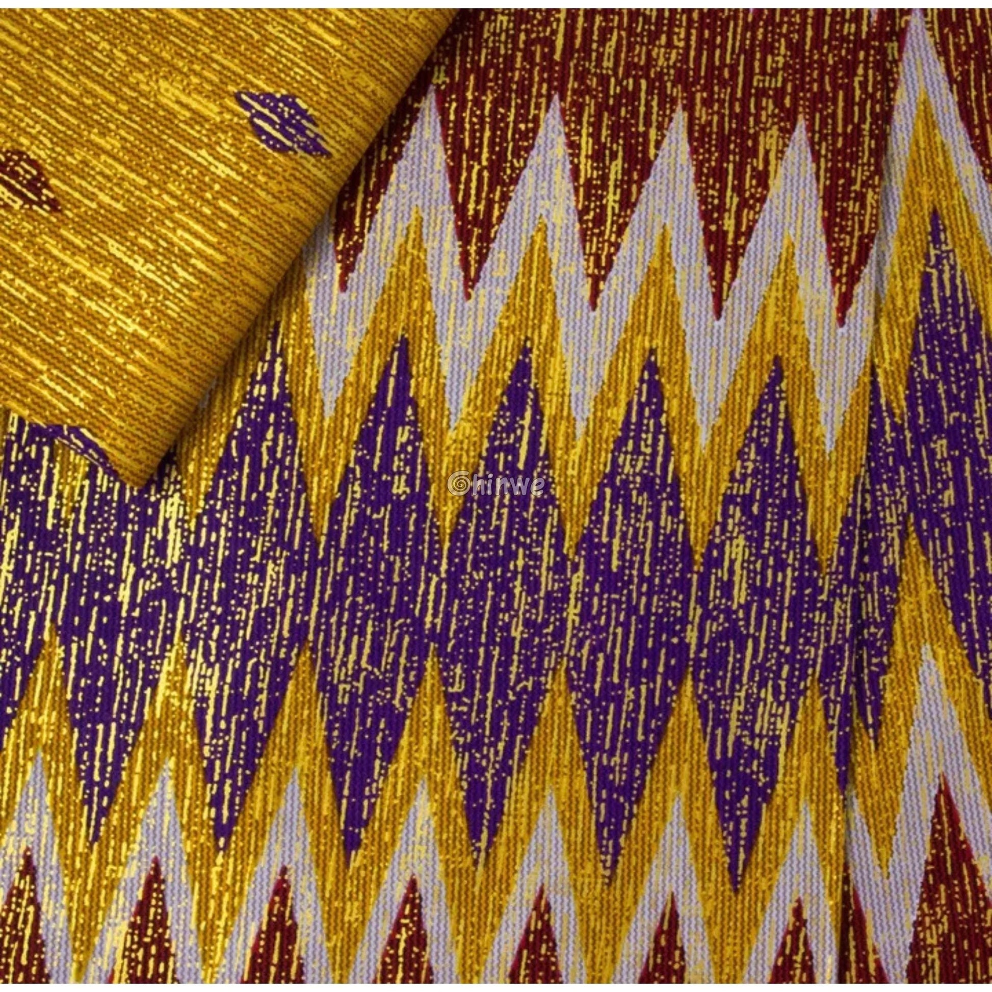 Sunfire Zigzag Kente Brocade Fabric in Yellow Purple & Red with Gold Metallic Threading Sunfire Zigzag Kente / 6yards