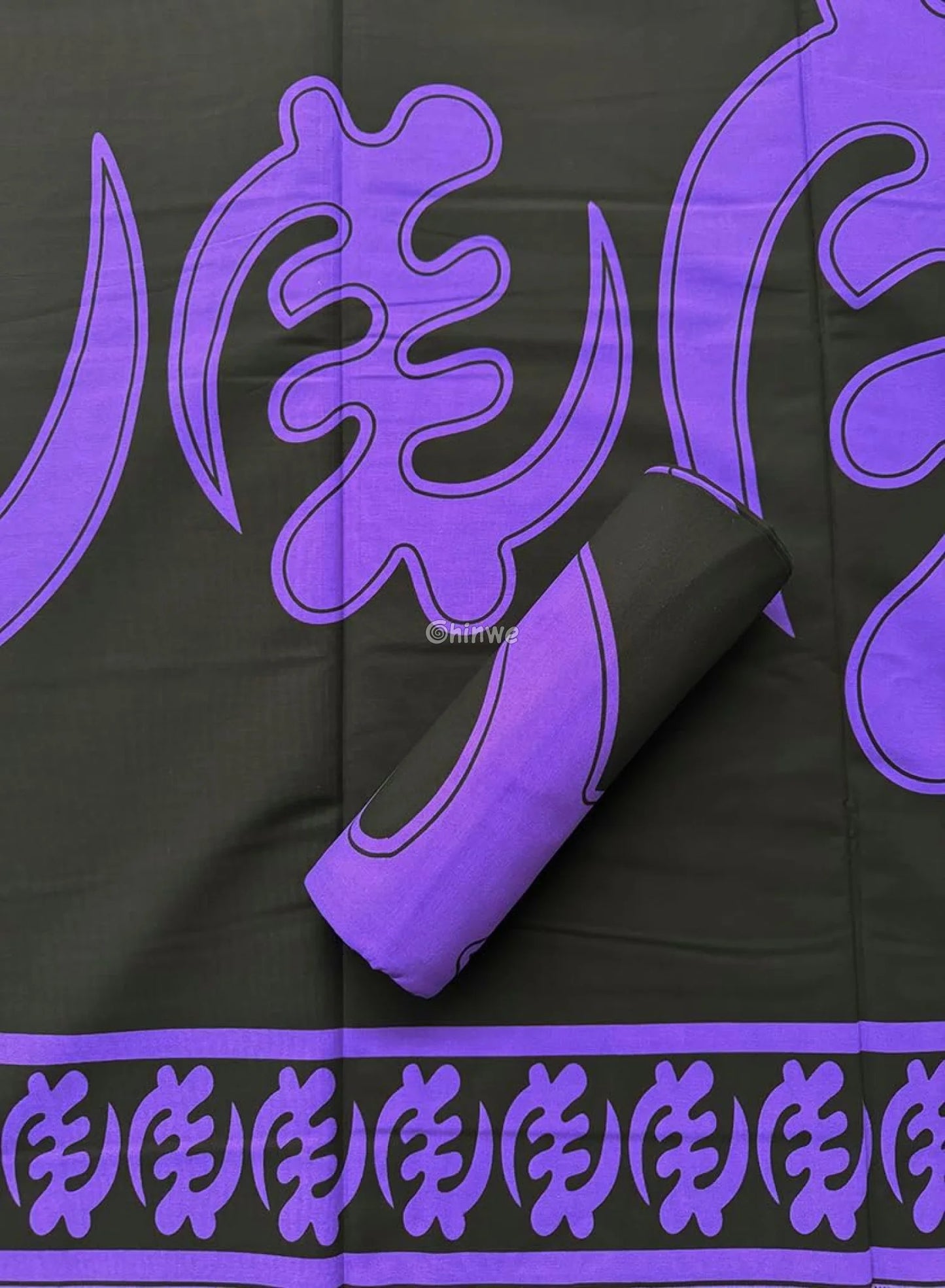 Bold Adinkra Symbol Fabric – Purple Patterns on Black Cotton Wax Print 6 Yards African Wax Print Fabric
