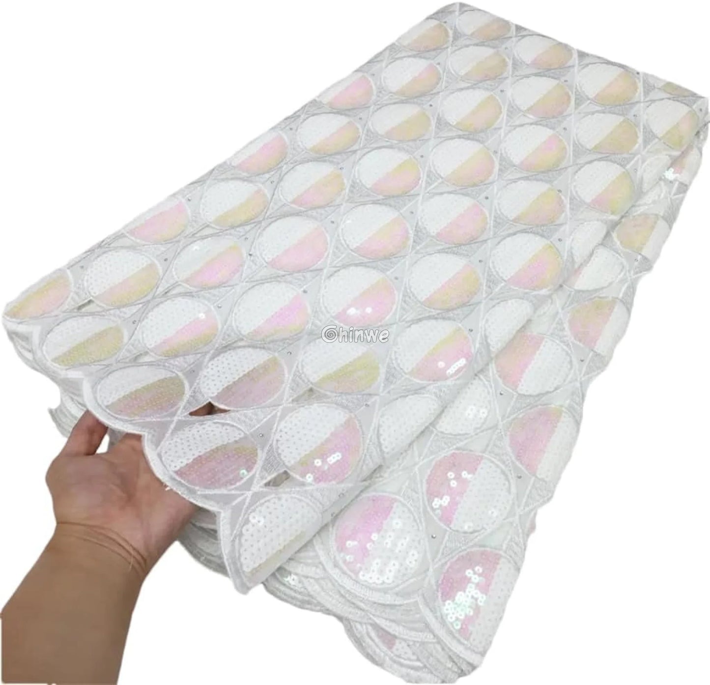 Embroidered Sequined Rose Pink & Champagne Circle Lattice Mesh Print Fabric Lace